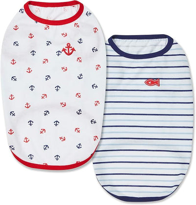 Blueberry Pet Soft & Comfy Summer Vacation Beach Cotton Dog T-Shirts, 2 Pack, Sea Lover Navy Sailor Shirts Tank Top Clothes, Back Length 16", for Medium Large Dogs