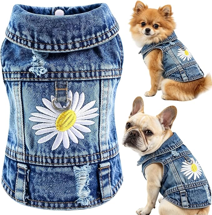 Denim Vest Jacket for Small Medium Dog Clothes Jean Apparel Cute Outfit for Dog Cat Girls Boys Puppy Costume Dog Harness Dress Shirt Chihuahua Yorkie (One Daisy with D Ring, XX-Large)