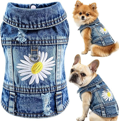 Denim Vest Jacket for Small Medium Dog Clothes Jean Apparel Cute Outfit for Dog Cat Girls Boys Puppy Costume Dog Harness Dress Shirt Chihuahua Yorkie (One Daisy with D Ring, X-Large)