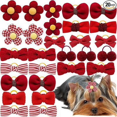 20pc Red Small Dog Hair Bows with Rubber Bands, Bulk Puppy Dog Hair Bows, Mix Handmade Cute Dog Gooming Flower Ball Bowknot Top Knot for Holiday Daily Yorkie Dog Hair Accessories