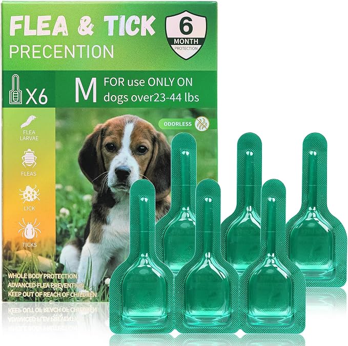 Flea and Tick Prevention for Small Medium Dogs, Waterproof Topical Dog Flea and Tick Fast-Acting at Home, 6 Doses Control for Dogs 5-43 lbs