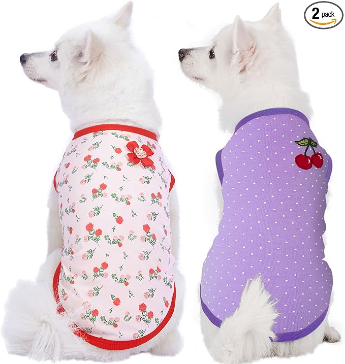Blueberry Pet Pack of 2 Soft & Comfy Spring Hope Floral Cotton Blend Dog T Shirts Tank Top, Back Length 14", Clothes for Dogs