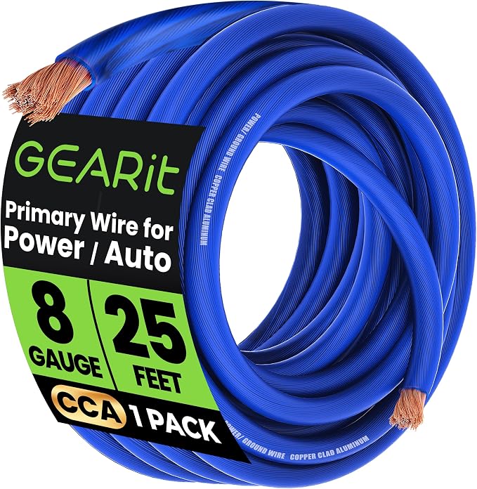 GEARit 8 Gauge Wire 25 ft Blue, 8 AWG Battery Cable CCA, Copper-Clad Aluminum Power Ground Wire for Car Audio Amp, Automotive, RV