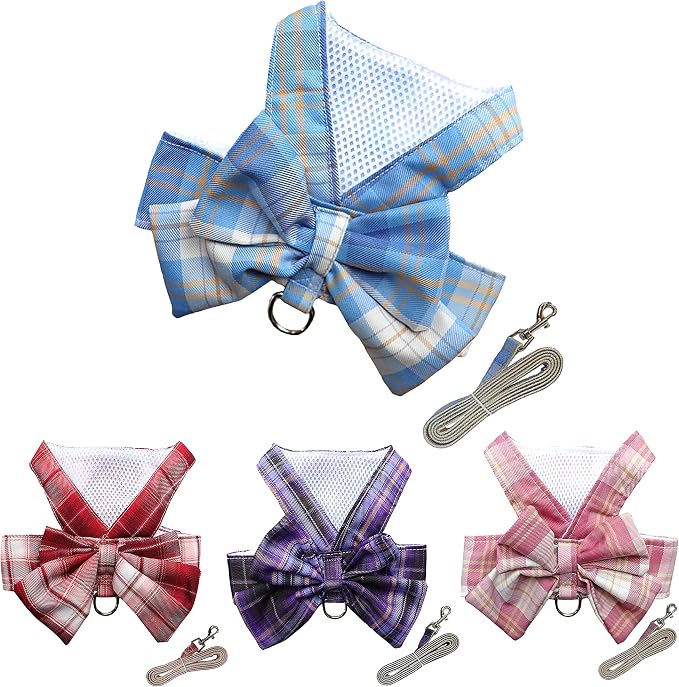 Plaid Dog Dress Bow Tie Harness Leash Set,Dog Clothes Harness Dress with Leash Ring for Small Dogs Girl, Puppy Princess Rabbit Clothes Chihuahua Yorkies Pet Outfits (Blue, Medium)