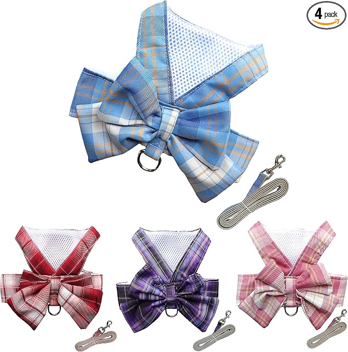Plaid Dog Dress Bow Tie Harness Leash Set,Dog Clothes Harness Dress with Leash Ring for Small Dogs Girl, Puppy Princess Rabbit Clothes Chihuahua Yorkies Pet Outfits (Blue, XX-Large)