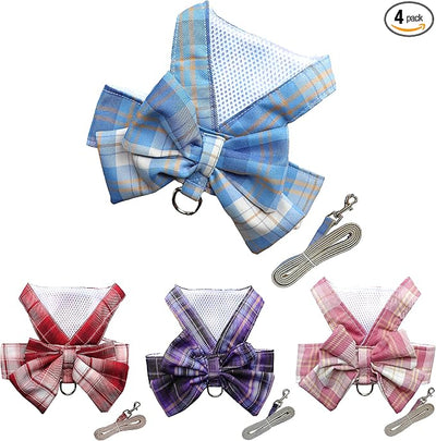 Plaid Dog Dress Bow Tie Harness Leash Set,Dog Clothes Harness Dress with Leash Ring for Small Dogs Girl, Puppy Princess Rabbit Clothes Chihuahua Yorkies Pet Outfits (Blue, XX-Large)