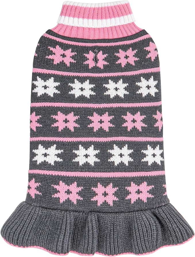 KYEESE Dog Sweater Warm Dogs Clothes Fall Winter Pet Coats Dog Sweater Dress with Classic Snowflake Pattern for Small Dogs Turtleneck Pullover Knit for Girl Pet Sweater with Leash Hole, Grey, Medium