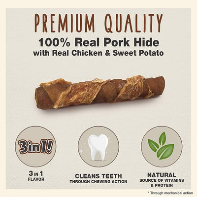 Cadet Gourmet Triple Chews Long-Lasting Pork Hide Sticks with Sweet Potato and Chicken, Healthy Dog Treats for Small & Large Dogs, 6 Count