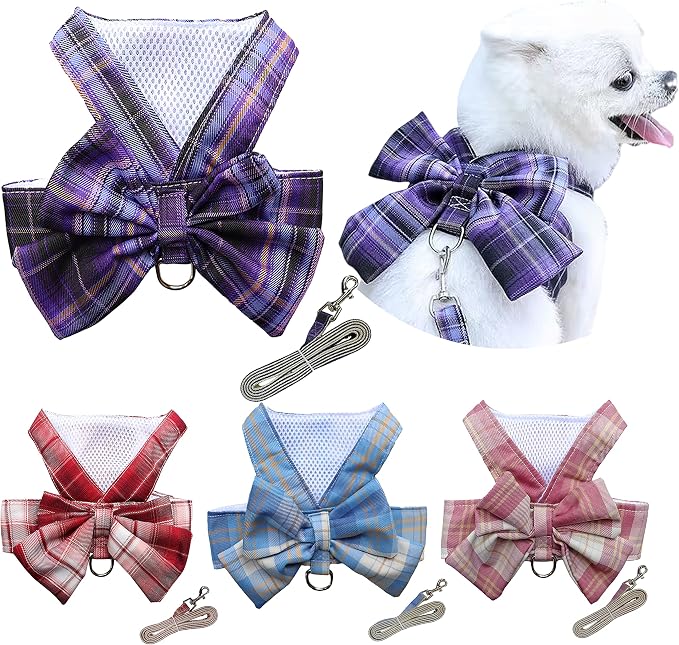 Plaid Dog Dress Bow Tie Harness Leash Set,Dog Clothes Harness Dress with Leash Ring for Small Dogs Girl, Puppy Princess Rabbit Clothes Chihuahua Yorkies Pet Outfits (Purple, X-Large)
