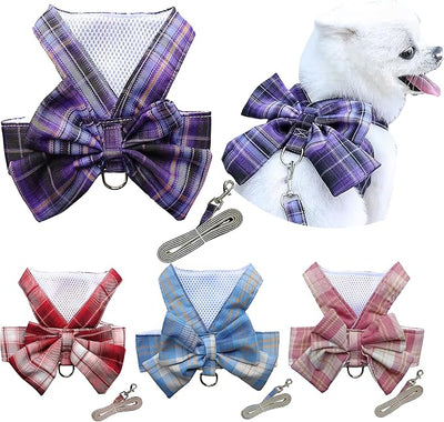 Plaid Dog Dress Bow Tie Harness Leash Set,Dog Clothes Harness Dress with Leash Ring for Small Dogs Girl, Puppy Princess Rabbit Clothes Chihuahua Yorkies Pet Outfits (Purple, X-Large)
