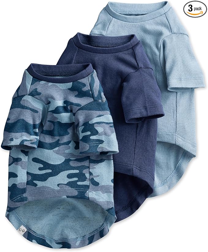 Pet Passion Toby 3-Pack 100% Organic Cotton Dog Short Sleeve T-Shirt Pet Tees for All Breeds, Navy Camo, X-Small (5-12 lbs)