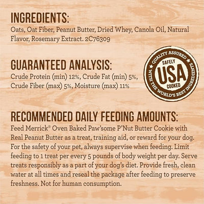 Merrick Oven Baked Dog Treats, Natural Cookies For Dogs, Paw’some P’nut Butter Cookie With Real Peanut Butter - 11 oz. Bag