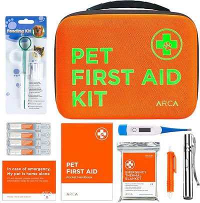 ARCA PET Cat & Dog First Aid Kit - High Visibility Reflective Zipper with Fluorescent Letter Print - 100 pcs with Dog Thermometer, Tick Remover Kit & Pet First Aid Kit Manual Book