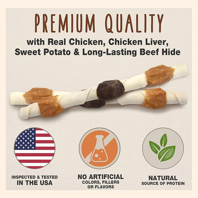 Cadet Gourmet Shish Kabob Dog Chews for Large Breeds, Rawhide Treats for Dogs with Chicken and Sweet Potato, Healthy & Natural Beef Hide, 10-Inch Sticks, 8 Count