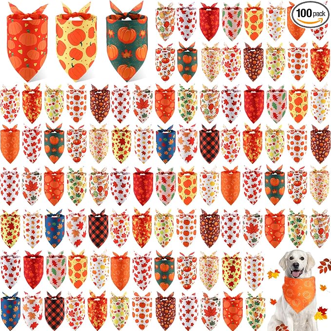 Sweetude 100 Pieces Fall Dog Bandanas Bulk,Thanksgiving Bandanas for Dogs Pumpkin Maple Leaves Pattern Puppy Triangle Scarf Bibs for Medium Small Pet Autumn Costume Accessories(31.5 x 21.65 x 21.65)