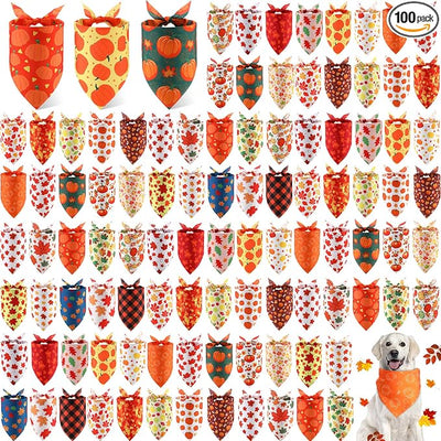 Sweetude 100 Pieces Fall Dog Bandanas Bulk,Thanksgiving Bandanas for Dogs Pumpkin Maple Leaves Pattern Puppy Triangle Scarf Bibs for Medium Small Pet Autumn Costume Accessories(31.5 x 21.65 x 21.65)
