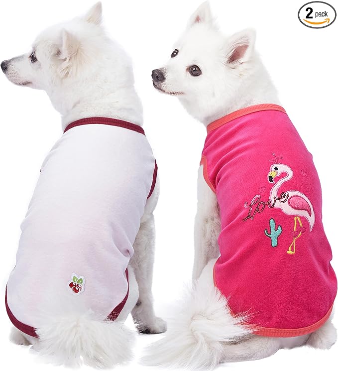 Blueberry Pet Pack of 2 Soft & Comfy Vacation Scene Flamingo Cotton Blend Dog Pajamas & Tank Top T Shirts, Back Length 16", Clothes for Dogs