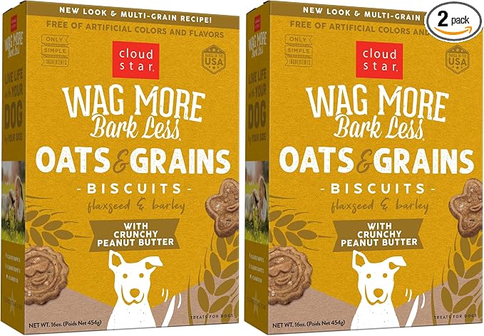 Cloud Star Wag More Bark Less Oats & Grains Crunchy Dog Treats, Peanut Butter, 16 oz. Box (Pack of 2)