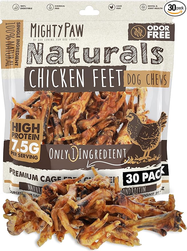 Mighty Paw Naturals Chicken Feet Dog Treats (30 Pack) | All Natural Dehydrated Chicken Feet for Dogs. Dried Treat for Pets. Single Ingredient Chews