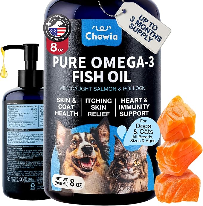 Omega 3 Fish Oil for Dogs and Cats - Healthy Skin and Coat Support Supplement - Omega 3 6 9 EPA DHA Fatty Acids - Itchy Skin, Shedding, Immunity, Joint - Wild Caught Salmon and Pollock Food Topper