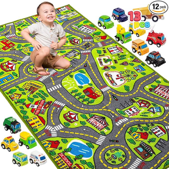 JOYIN Kids Play Rugs - 12 Pull-Back Vehicle Set - Durable Carpet Playmat Rug - City Pretending Play - Toddler Car Track Rug