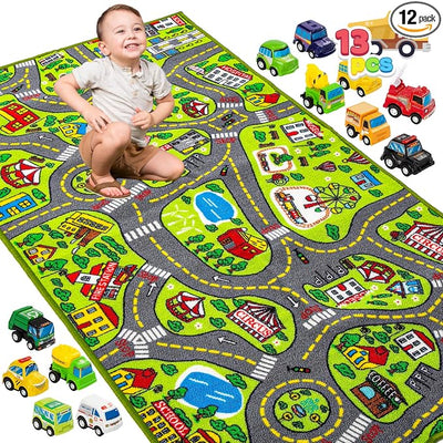 JOYIN Kids Play Rugs - 12 Pull-Back Vehicle Set - Durable Carpet Playmat Rug - City Pretending Play - Toddler Car Track Rug