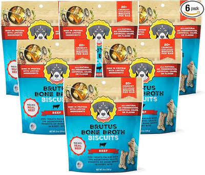 Brutus Bone Broth Biscuits for Dogs - Protein-Rich Dog Treats with Bone Broth and Real Beef - All Natural and Tasty - 8oz, Pack of 6, Beef Flavor