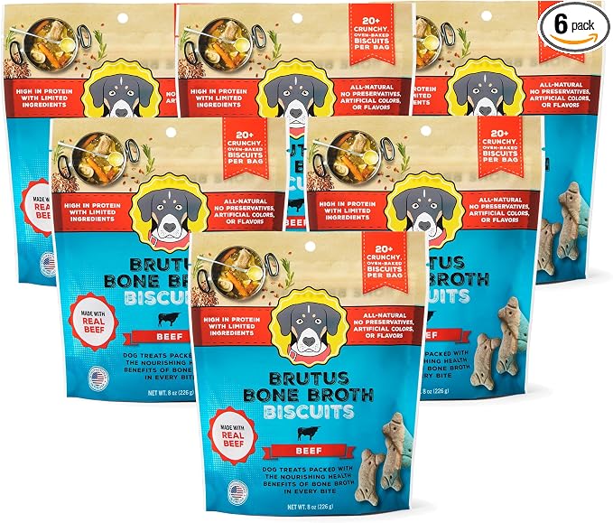 Brutus Bone Broth Biscuits for Dogs - Protein-Rich Dog Treats with Bone Broth and Real Beef - All Natural and Tasty - 8oz, Pack of 6, Beef Flavor