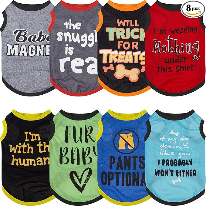 Saintrygo 8 Pieces Dog Shirts Pet Printed Clothes with Funny Letters Summer Pet T Shirts Cool Puppy Breathable Dog Outfit Soft Sweatshirt Cats(Classic Pattern,Medium)