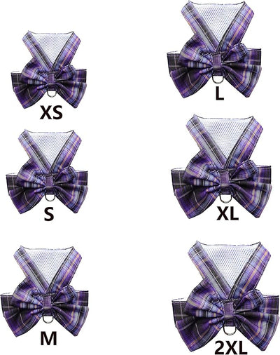 Plaid Dog Dress Bow Tie Harness Leash Set,Dog Clothes Harness Dress with Leash Ring for Small Dogs Girl, Puppy Princess Rabbit Clothes Chihuahua Yorkies Pet Outfits (Purple, Medium)