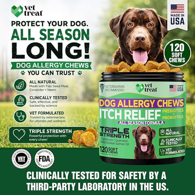 VET TREAT Dog Allergy Relief Chews - 120 Dog Allergy Chews - Itch Relief for Dogs - Anti Itch for Dogs - Dry & Itchy Skin - Allergies & Immune Support Supplement, Omega 3 Fish Oil, Probiotics - USA