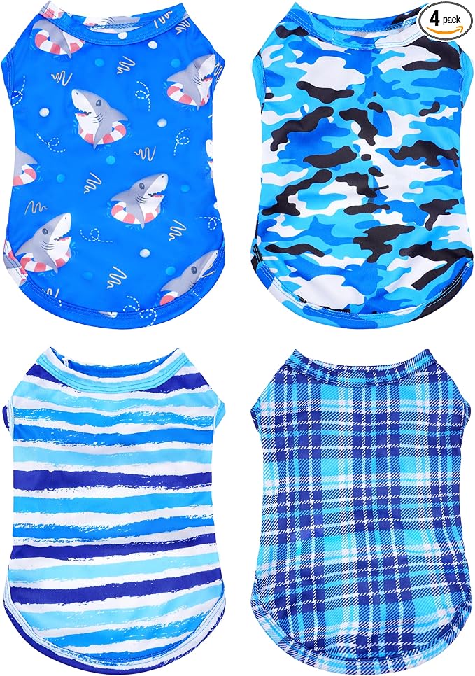 PET SHOW 4 Pack Paw Bone Printed Dog Clothes Shirts Soft Vest Lightweight Sleeveless Cats Doggies T-Shirts Puppies Tank Top Tee for Small Medium Dogs White Black Pink Blue (X-Large, Blue for Boys)