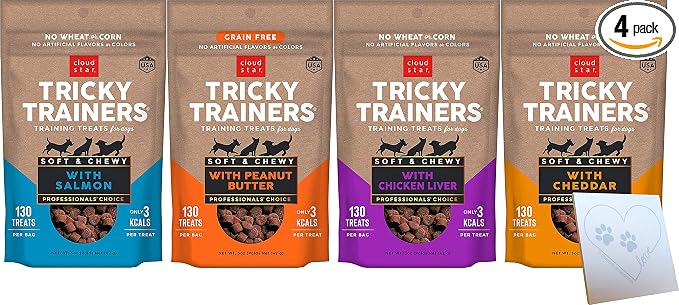 Cloud Star Tricky Trainers Grain-Free Variety Pack – Four Total Flavors: Peanut Butter, Liver, Cheese, and Salmon Plus Pet Paws Notepad (5oz Each, 20oz Total)