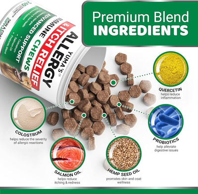 Dog Allergy Relief Chews - 240 Immune Treats - Dog Itching Skin Relief Treatment Pills - Anti-Itch - Itchy and Paw Licking - Omega 3 Fish Oil for Dogs Allergies - Dry Skin & Coat Supplement Vitamins