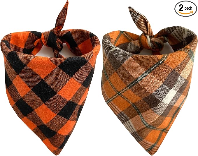 Realeaf Fall Thanksgiving Dog Bandanas 2 Pack, Orange Plaid Pet Scarf for Boy and Girl, Premium Durable Fabric, Holiday Halloween Bandana for Medium and Large Dogs (Large)