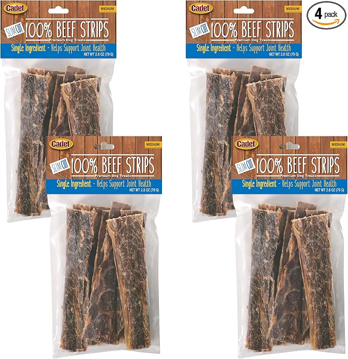 Cadet Slim Cut 100% Beef Strips Dog Treats - Long-Lasting, Healthy, & Natural Beef Esophagus Treats for Small & Large Dogs - Low Calorie & High Protein Dog Chews, Medium (2.8 oz.) (Pack of 4)