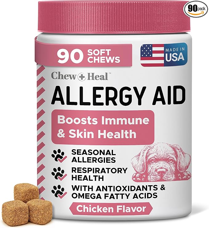 Dog Allergy Chews - 90 Delicious Soft Chew Treats - Anti Itch Allergy Relief for Dogs and Cats - Boosts Immune System, Promotes Skin Health - Seasonal Treatment for Pets - Made in The USA
