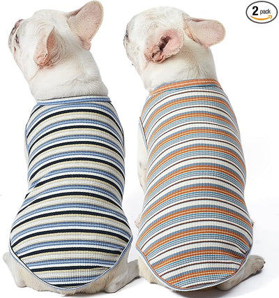 Dog Shirts Vest Cotton Striped T-Shirt, Sleeveless Stretchy Pet Clothes for Small Dogs, 2-Pack Soft Breathable Puppy Tank Top Cat Tee (XX-Large, Blue,Yellow)