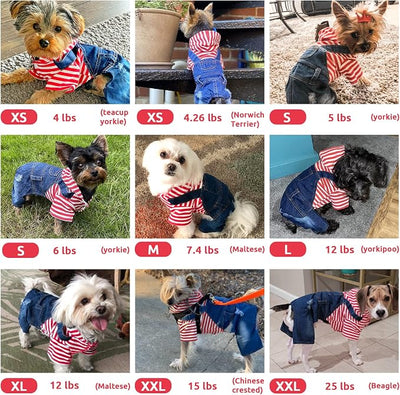 Small Dog Hoodie Clothes Cute Stripe Shirts Denim Jumpsuit One-Piece Outfit for Small Medium Dogs Cats Boy Girl Chihuahua Blue Jeans Overalls Puppy Costume (Red,XXL)