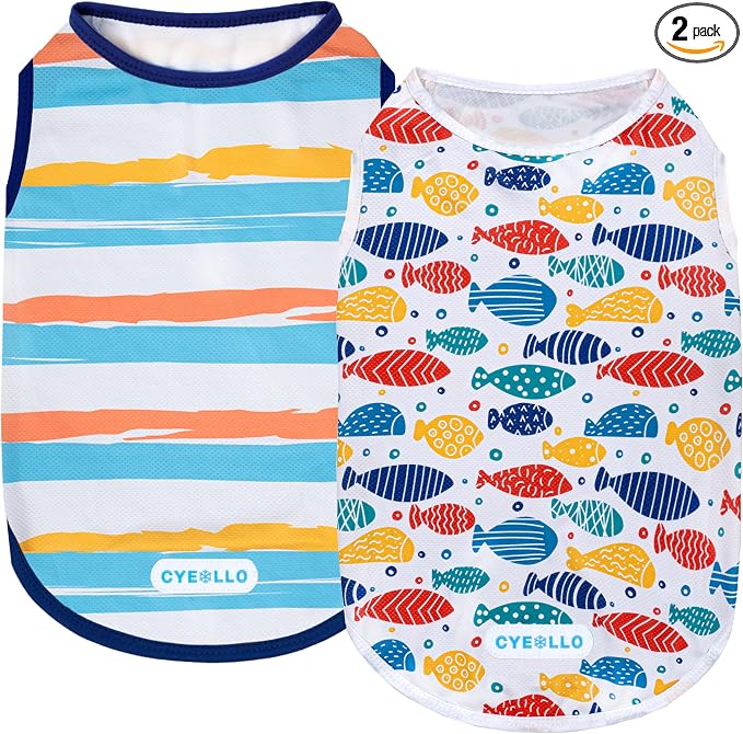 cyeollo 2pack Dog Cooling Shirt, Breathable Sleeveless Summer Clothes for Dogs, Intant Cool T Shirts for Small Dogs, Blue Fish XL
