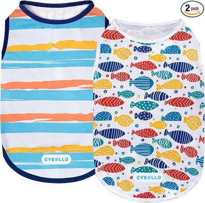 cyeollo 2pack Dog Cooling Shirt, Breathable Sleeveless Summer Clothes for Dogs, Intant Cool T Shirts for Small Dogs, Blue Fish XL