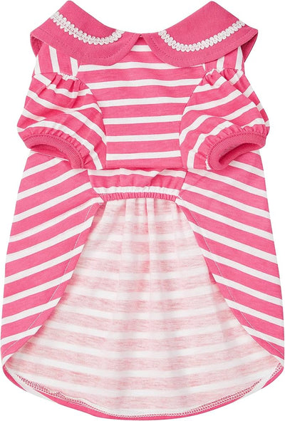 Blueberry Pet Sea Lover Rose Pink Striped Cotton Blend Dog Dress with Bowtie, Back Length 14", Pack of 1 Clothes for Dogs