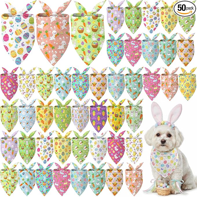 Abbylike 50 Pcs Spring Dog Bandanas Bulk Bunny Egg Carrot Bandanas for Dogs Triangle Kerchief Bibs Scarf Set for Pet Easter Costume Photo Props Accessories Pet Shops, 25 Styles (19.7 x 13.8 x 13.8)