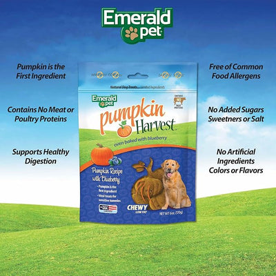 Emerald Pet Pumpkin Harvest Dog Treats, Blueberry Flavor, 6 oz – Soft Chewy Low-Fat Natural Dog Treats with Real Pumpkin for Digestive Health – Meat-Free, Wheat-Free, Made in USA