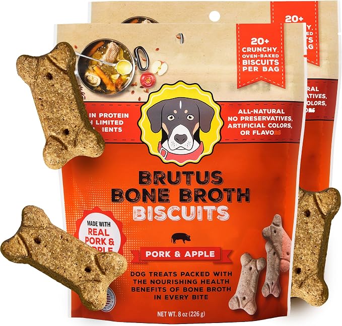 Brutus Bone Broth Biscuits for Dogs - Protein-Rich Dog Treats with Bone Broth and Real Pork & Apple - All Natural and Tasty - 8oz, Pack of 2, Pork and Apple Flavor