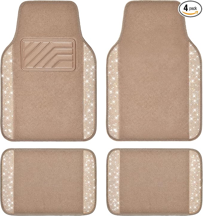 CAR PASS Bling Car Mats Shining Diamond Carpet Crystal Rhinestones Sparkly Glitter Floor Mats with Anti-Slip PVC Heel Pad Universal Fit for Automotive SUV, Sedan, Car, Van, 4pcs for Girl Women, Beige