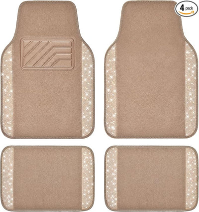 CAR PASS Bling Car Mats Shining Diamond Carpet Crystal Rhinestones Sparkly Glitter Floor Mats with Anti-Slip PVC Heel Pad Universal Fit for Automotive SUV, Sedan, Car, Van, 4pcs for Girl Women, Beige