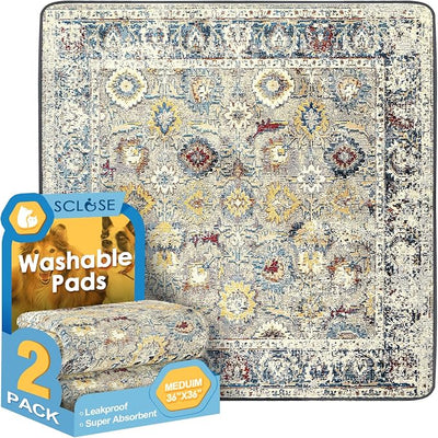 SCLOSE Washable Pee Pad for Dogs 2 Pack, 36" x 36" Reusable Puppy Pads Waterproof Dog Rugs, Super Absorbent, Leakproof, Dog Crate Pad, Playpen Mat, Whelping Pads, Vintage