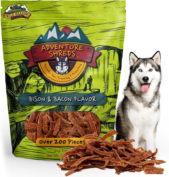 Adventure Shreds Bison & Bacon Dog Treats, Soft & Thin Dog Treats for Training & Rewards, Grain-Free Snacks for Pets of All Breeds and Ages - 2.5 Ounce Pouch