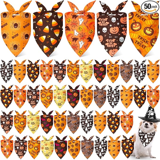 Weewooday 50 Pcs Halloween Dog Bandanas Bulk Pumpkin Ghost Bandanas for Dogs Soft Triangle Bibs Adjustable Triangle for Small Medium Large Pets Halloween Party Costume(25.6 x 17.7 x 17.7 inch)